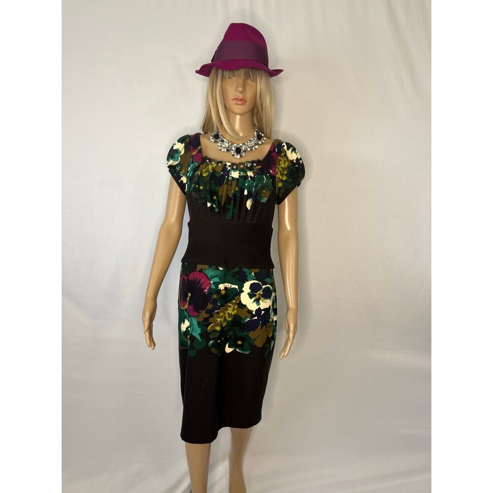 Vintage Suzi Chin Maggie Boutique Floral Wiggle Dress Pearl Detail Size 6